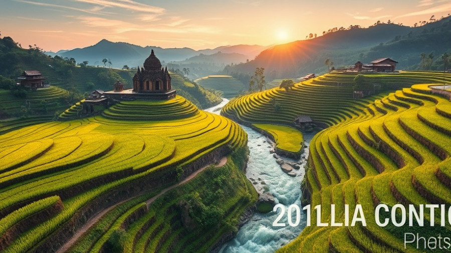 Serene rice fields and volcano sunrise scene showcasing how to choose travel destination.