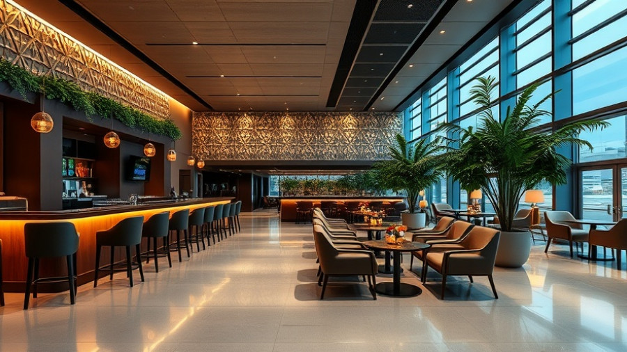 Stylish airport lounge bar for traveling on a budget, with elegant design.