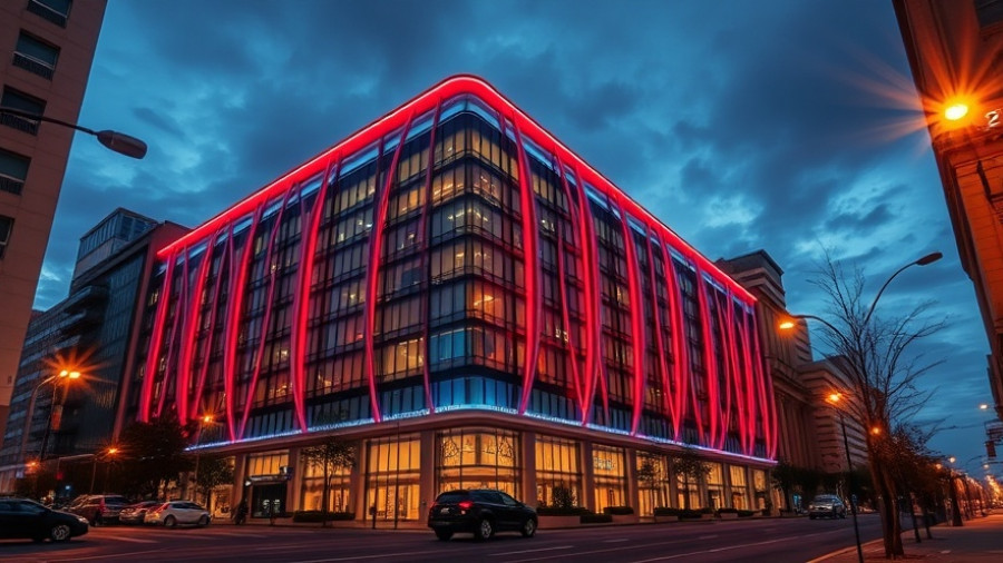Belfast Christmas Market area with modern building lit up at night.