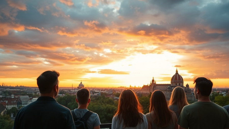 Tour group overlooking cityscape at sunset, learning how to pick a travel destination.