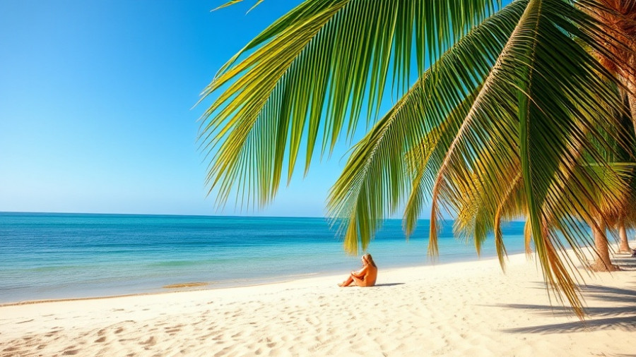 Serene beach scene ideal for travel on a budget with palm leaves.