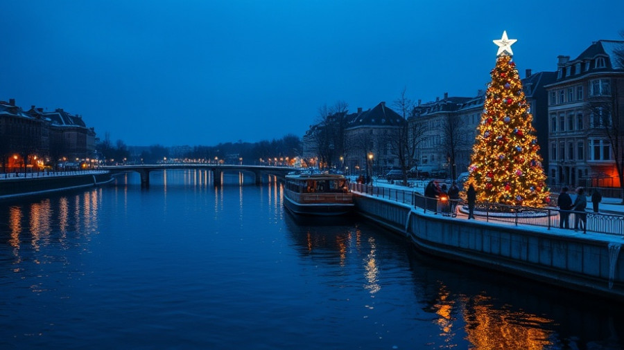 Winter river scene with festive lights, ideal for choosing a travel destination.