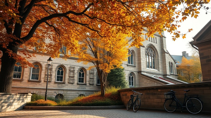 Historic US university campus in autumn with bicycles and golden leaves.