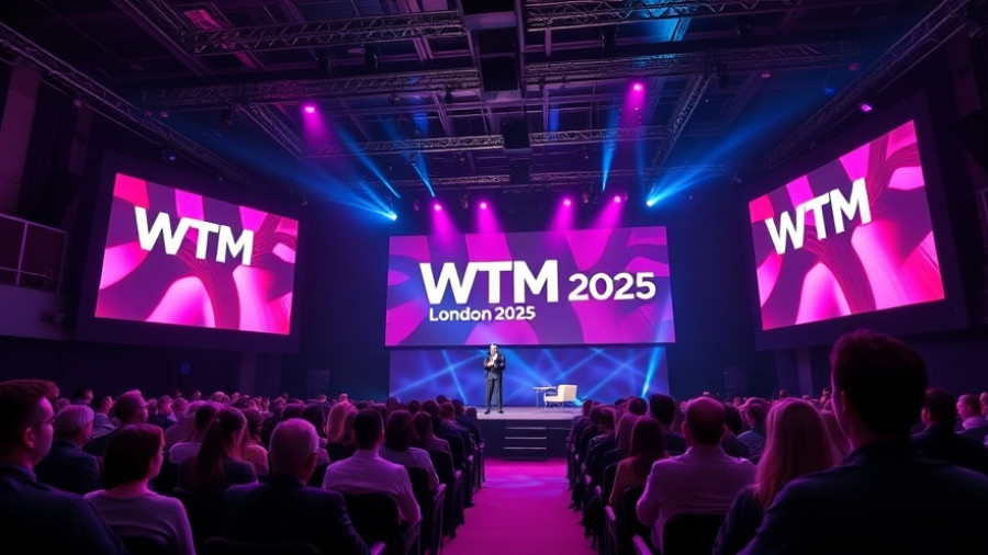 Speaker presenting at WTM London Technology Summit 2025 on a vibrant stage.
