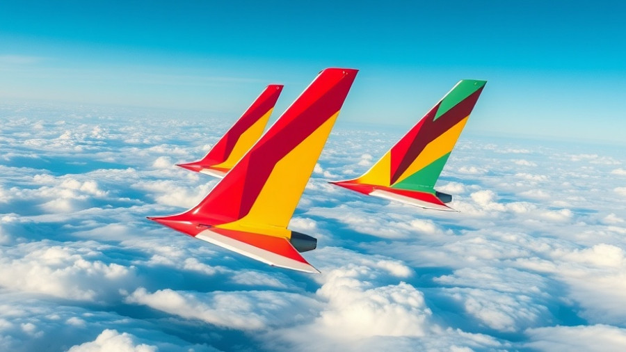 Airplane tails in partnership, colorful patterns, clear sky.