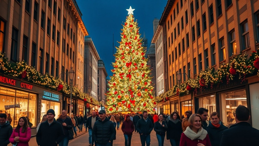 Festive street scene at night with Christmas tree lights.