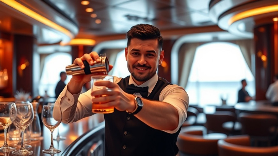 Bartender mixing drinks on Riviera Travel Rhône River cruise.