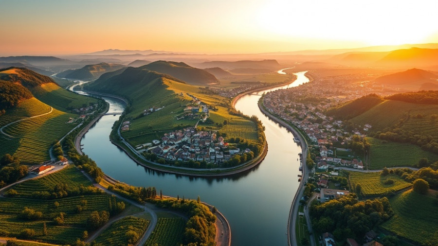 Aerial view of picturesque valley at sunset, ideal travel destination.