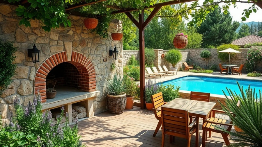 Charming outdoor space with oven and garden in destination guide.