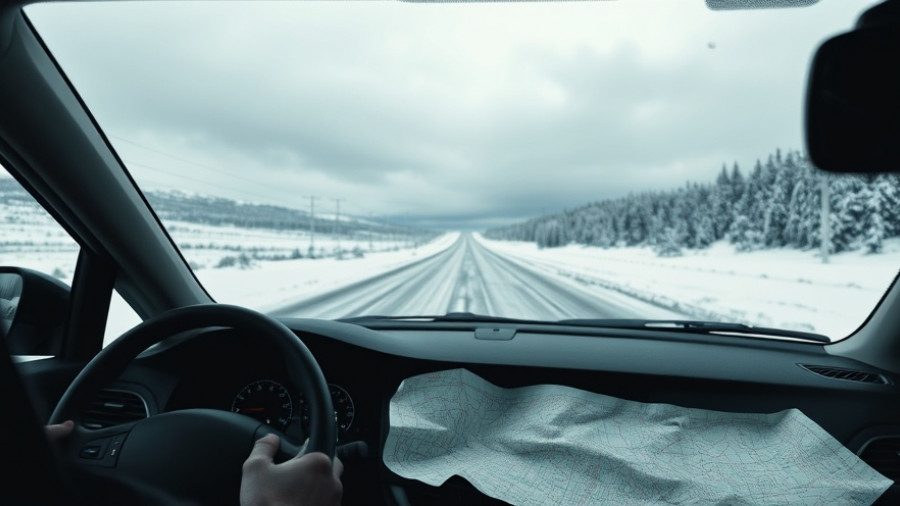 Budget travel road trip with map and snowy road view.