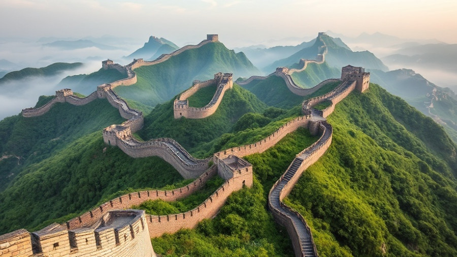 Great Wall of China over lush hills emphasizing solo travel.