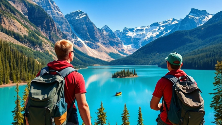 Travelers by turquoise lake, mountains in view, choosing travel destination.