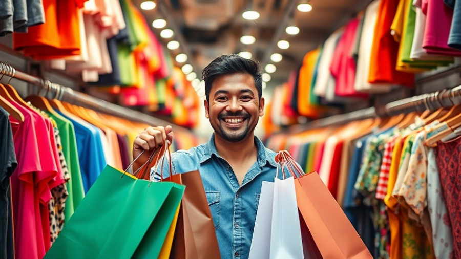 Man shopping in vibrant Bangkok store with colorful clothes and bags.