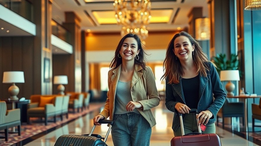 Cheerful women in hotel lobby with luggage, airline programs gift elite status.