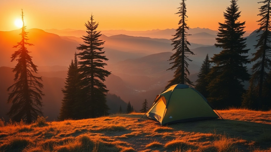 Serene sunrise scene of weekend camping trips on hilltop with tent.