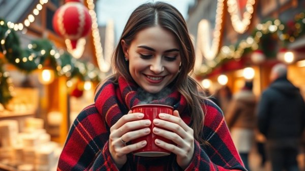 Woman enjoying a festive market with a warm drink, best Christmas markets in Europe 2025.