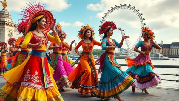 Colorful dancers with costumes on bridge near London Eye, World's Best Cities 2026.