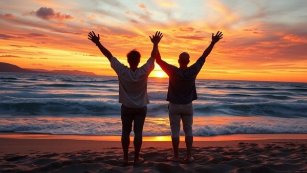 Joyful people at beach sunset, contemplating travel destination choices.