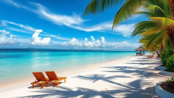 Peaceful tropical beach with turquoise water and lounge chairs.