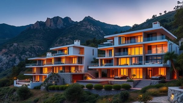 Luxurious hillside villas at dusk for destination guide.