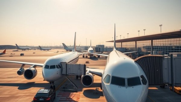 Busy airport with aircraft at gates, emphasizing travelling cheaply.