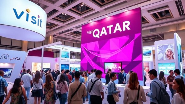 Visit Qatar booth bustling with attendees at travel exhibition, highlighting record tourism growth in Qatar.