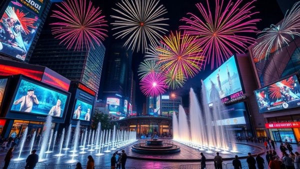 Colorful city square during November events in Saudi Arabia with fireworks.