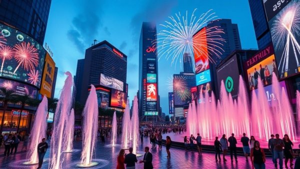 Colorful fireworks and displays in city plaza celebrating November travel events in Saudi Arabia.