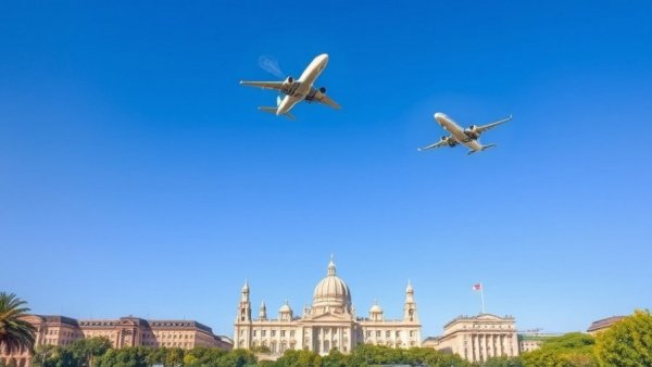 Boeing and Somon Air aircraft flying over city, clear sky.