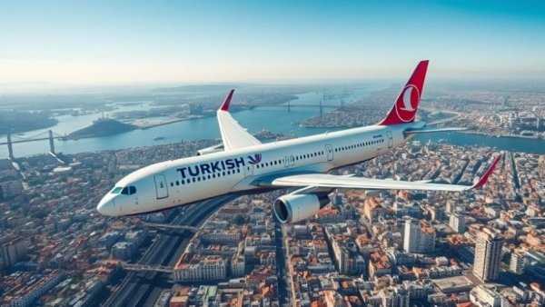 Turkish Airlines plane over Istanbul highlighting urban and Bosphorus view reflecting profits in 2025.