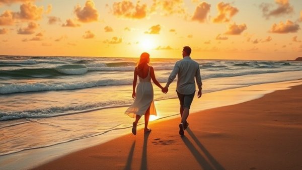 Romantic walk at sunset on Texas beach, ideal honeymoon destination
