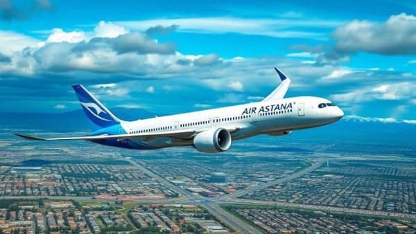 Air Astana 787 Dreamliner flying over city with mountains in background.