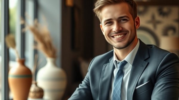Confident man in suit sitting indoors with pottery background.