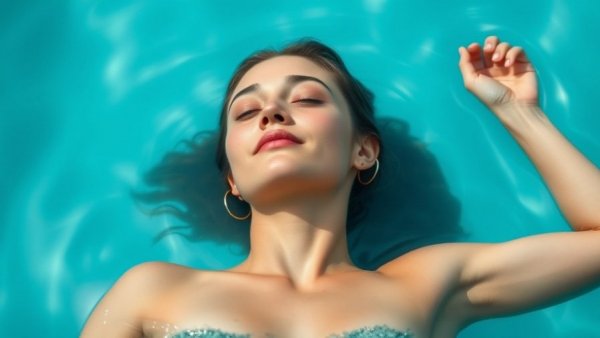 Woman floating in pool, promoting wellness services in UK.