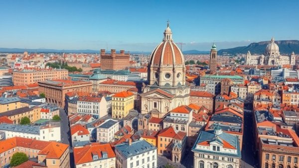 Expansive aerial view of city architecture, family travelling destination.