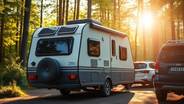 Compact caravan in forest with solar panels and great caravan air conditioner.