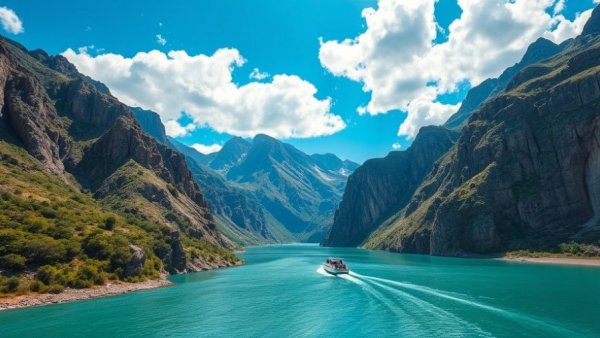 Lone boat gliding on turquoise river amid steep mountains, serene budget travel places.