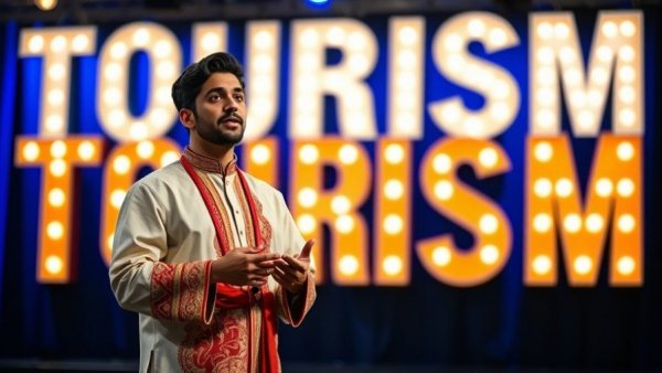 Man presenting on stage with 'Tourism' backdrop, future of tourism.