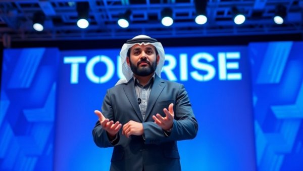 Middle-Eastern man presenting at TOURISE Summit with large backdrop.