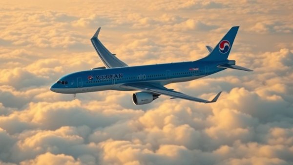 Korean Air airplane in flight above clouds, showcasing sleek design.