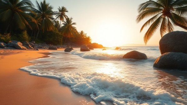 Serene tropical beach at sunset with waves and palm trees.