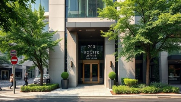 Modern building entrance and street in urban setting, how to choose travel destination.