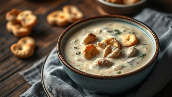 Clam chowder adventure with crackers on rustic table.