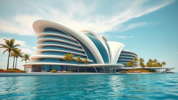 Futuristic luxury architecture at AMAALA, serene waterfront.