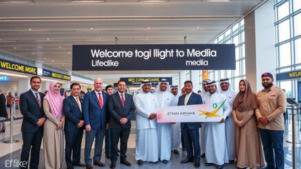 Etihad Airways staff and officials celebrating inaugural Medina flight in airport.