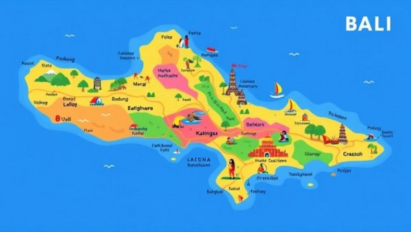 Colorful map of Bali highlighting best areas to stay for families.