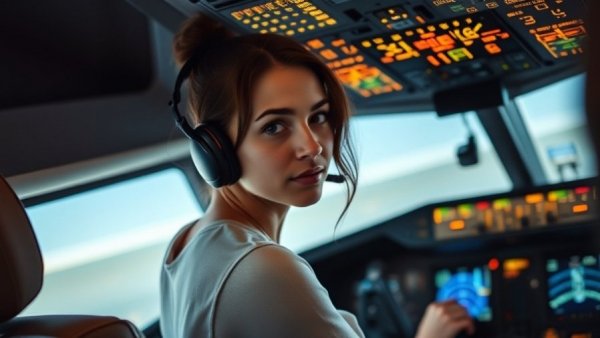 Young female pilot focused in airplane cockpit, emphasizing technology.