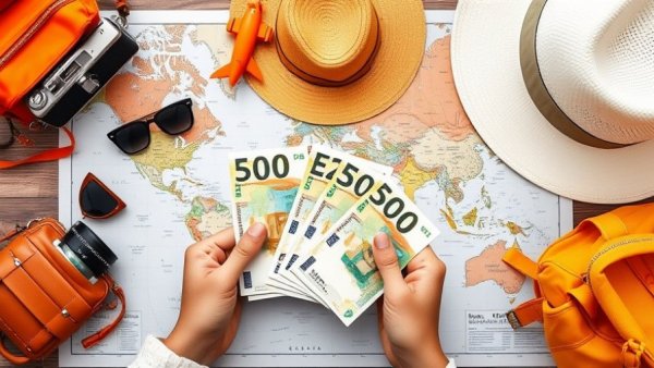 Travel on a budget planning with euros on map and travel items.