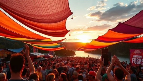 Colorful canopies at Lightning in a Bottle festival 2026 during sunset.