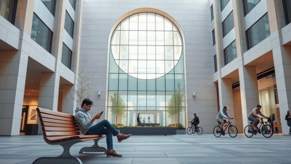 Portuguese Golden Visa program: Modern architecture with people.